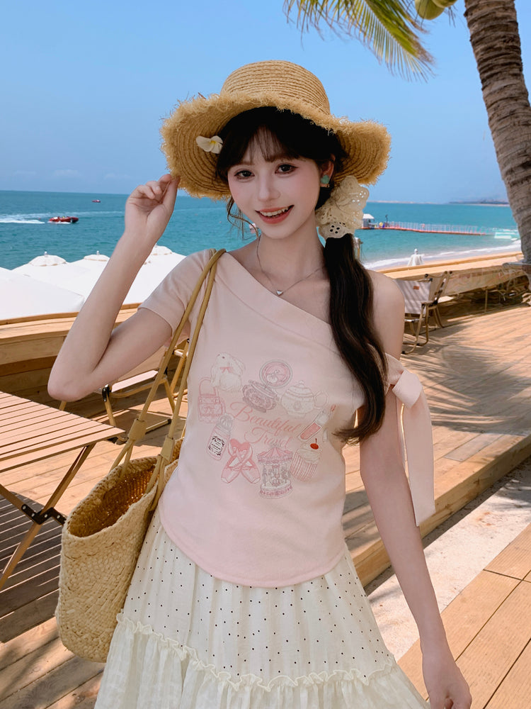 Macaron Travel Off-Shoulder Tee-Tops-ntbhshop