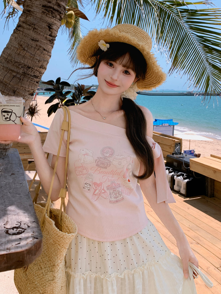 Macaron Travel Off-Shoulder Tee-Tops-ntbhshop
