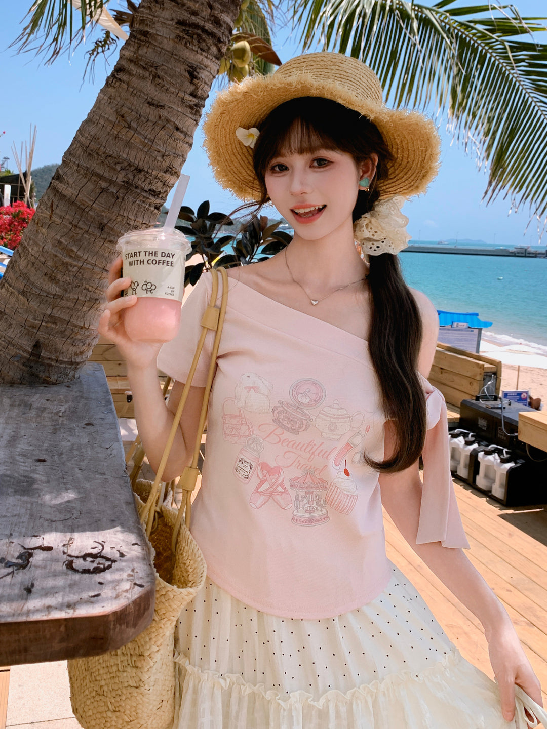 Macaron Travel Off-Shoulder Tee-Tops-ntbhshop