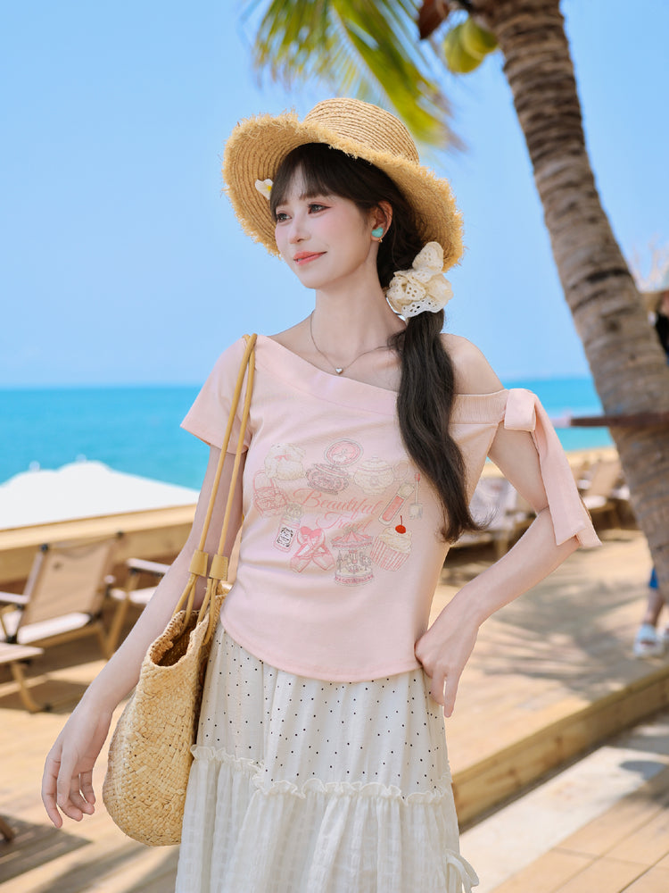 Macaron Travel Off-Shoulder Tee-Tops-ntbhshop