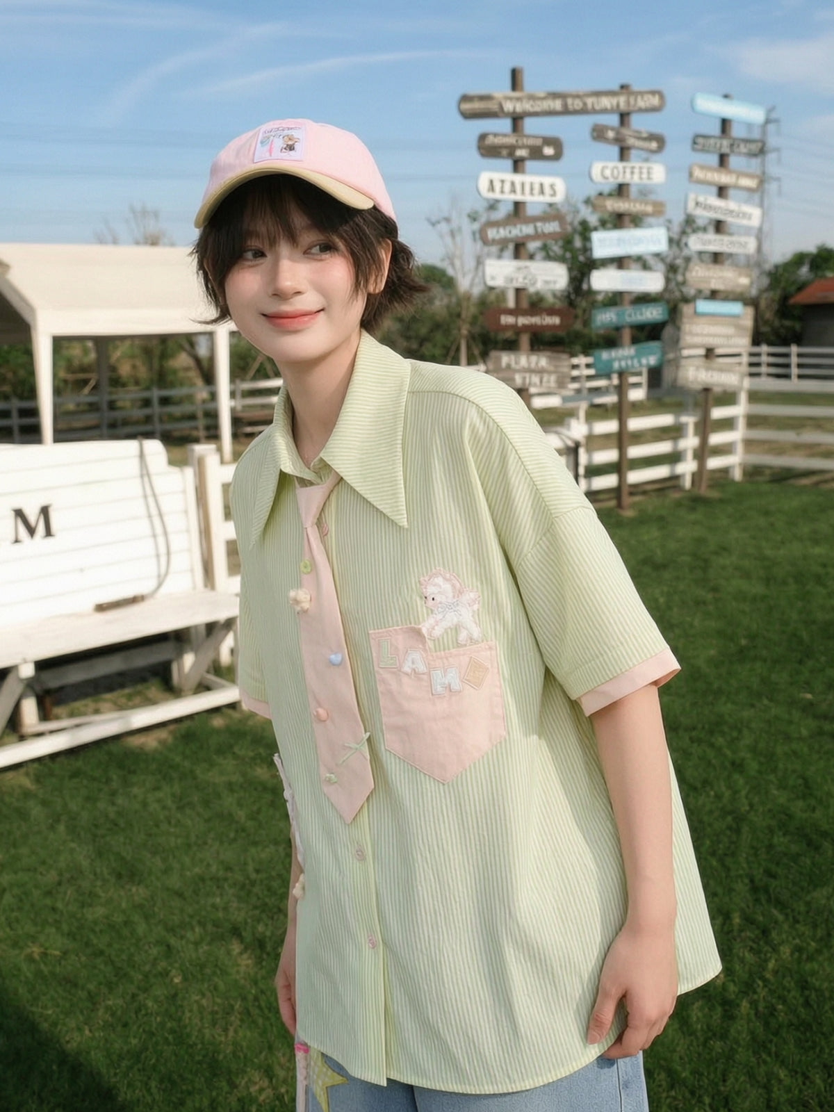 Matcha Lambie Stripe Tie Shirt-Tops-ntbhshop