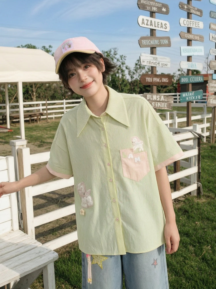 Matcha Lambie Stripe Tie Shirt-Tops-ntbhshop