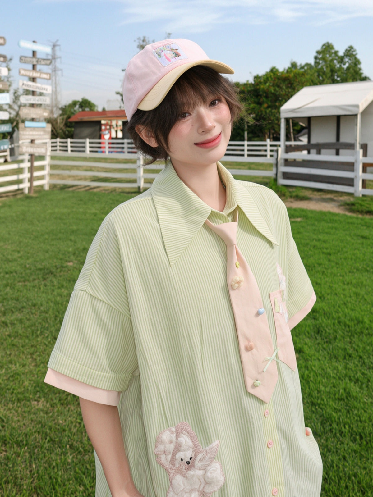 Matcha Lambie Stripe Tie Shirt-Tops-ntbhshop