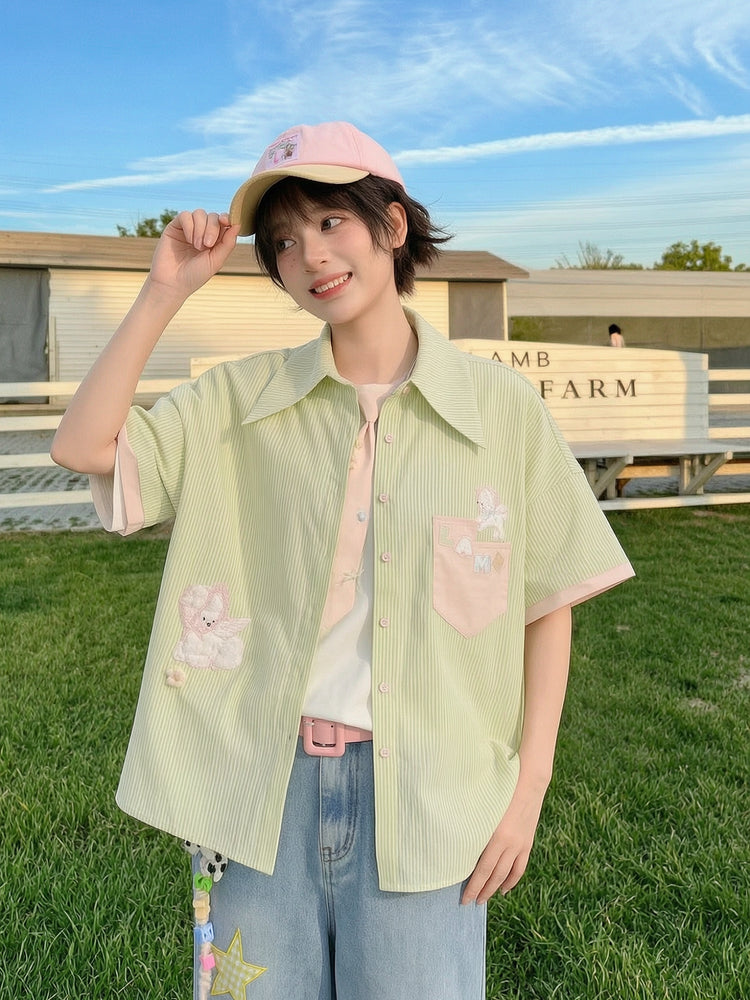 Matcha Lambie Stripe Tie Shirt-Tops-ntbhshop