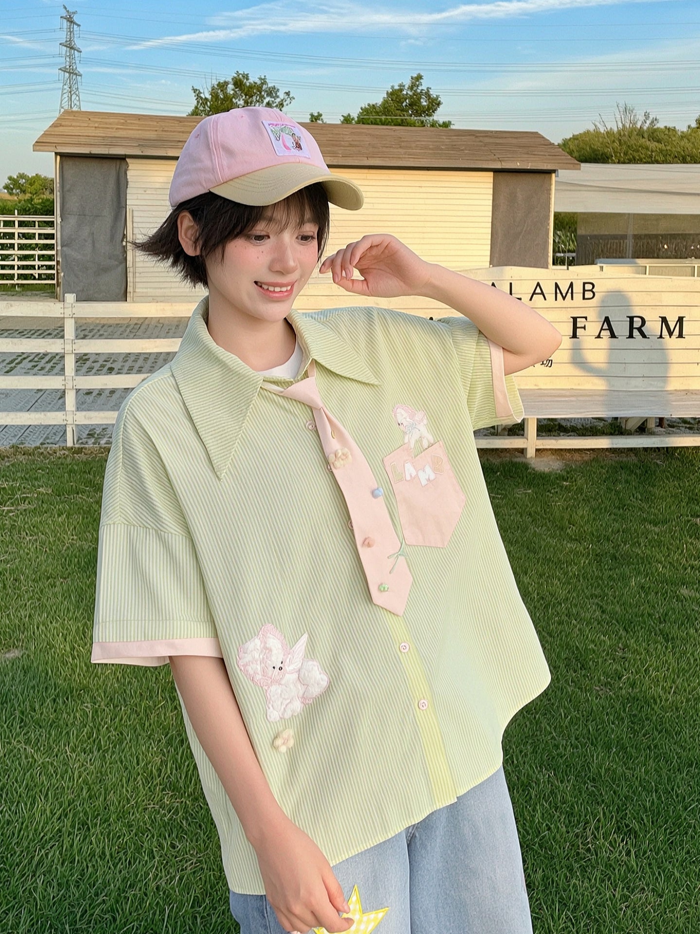 Matcha Lambie Stripe Tie Shirt-Tops-ntbhshop