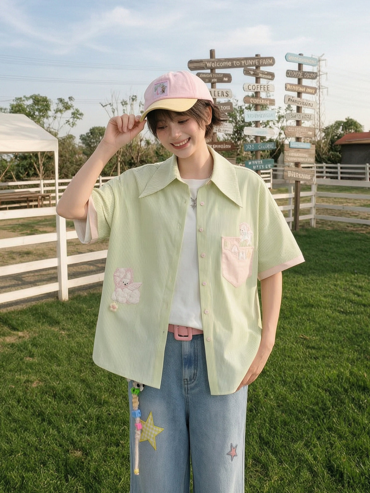 Matcha Lambie Stripe Tie Shirt-Tops-ntbhshop