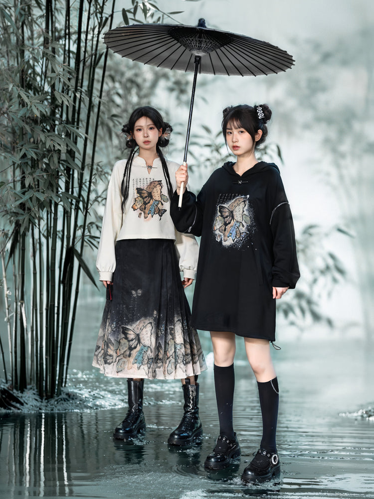 The Pile of Brocade Ash Chinese Butterfly Pleated Skirts-ntbhshop