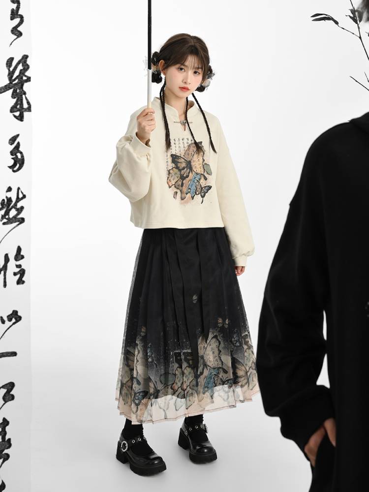 The Pile of Brocade Ash Chinese Butterfly Crop Sweatshirts-ntbhshop