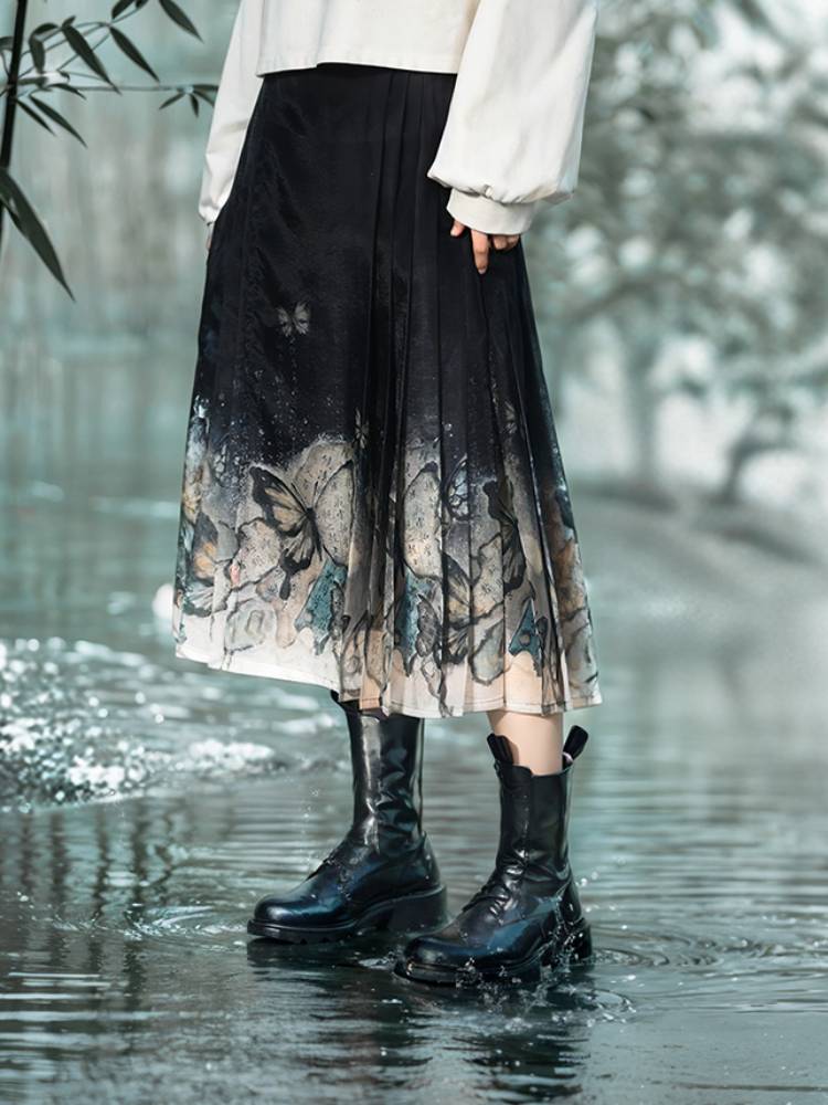 The Pile of Brocade Ash Chinese Butterfly Pleated Skirts-ntbhshop