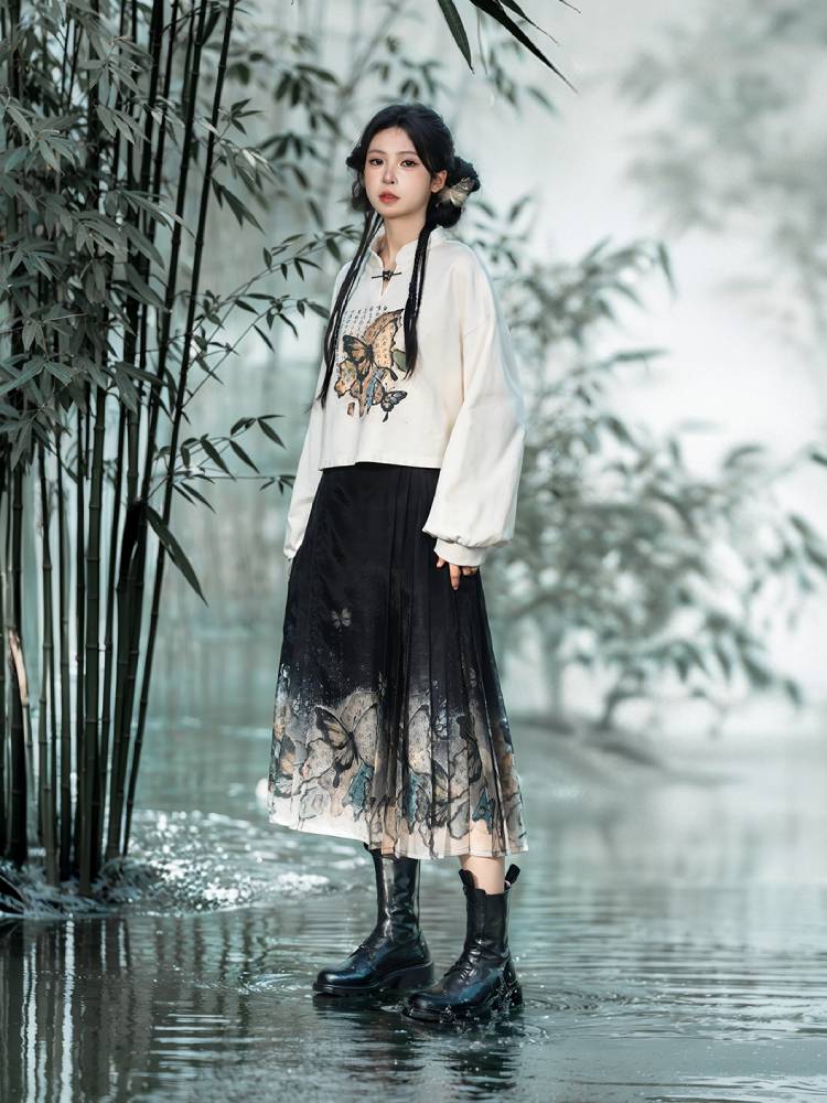 The Pile of Brocade Ash Chinese Butterfly Crop Sweatshirts-ntbhshop