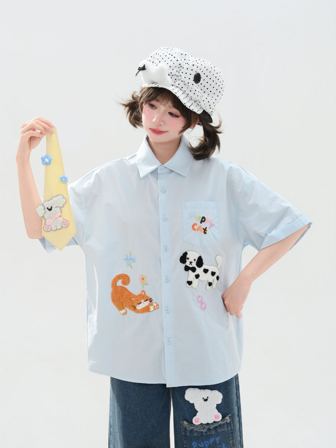 Puppy Party Cotton Tie Shirts-Tops-ntbhshop