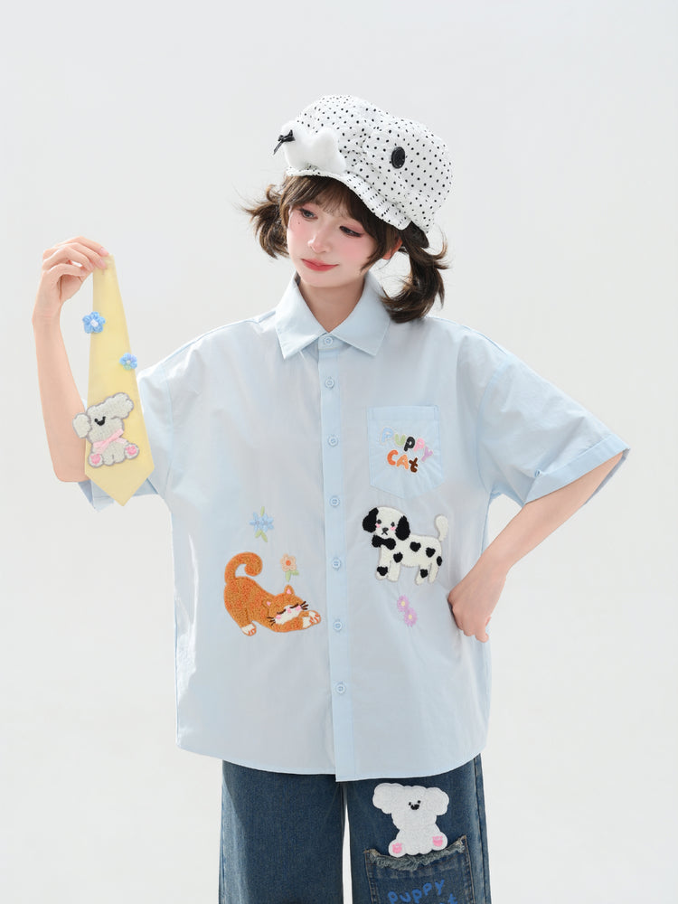 Puppy Party Cotton Tie Shirts-Tops-ntbhshop