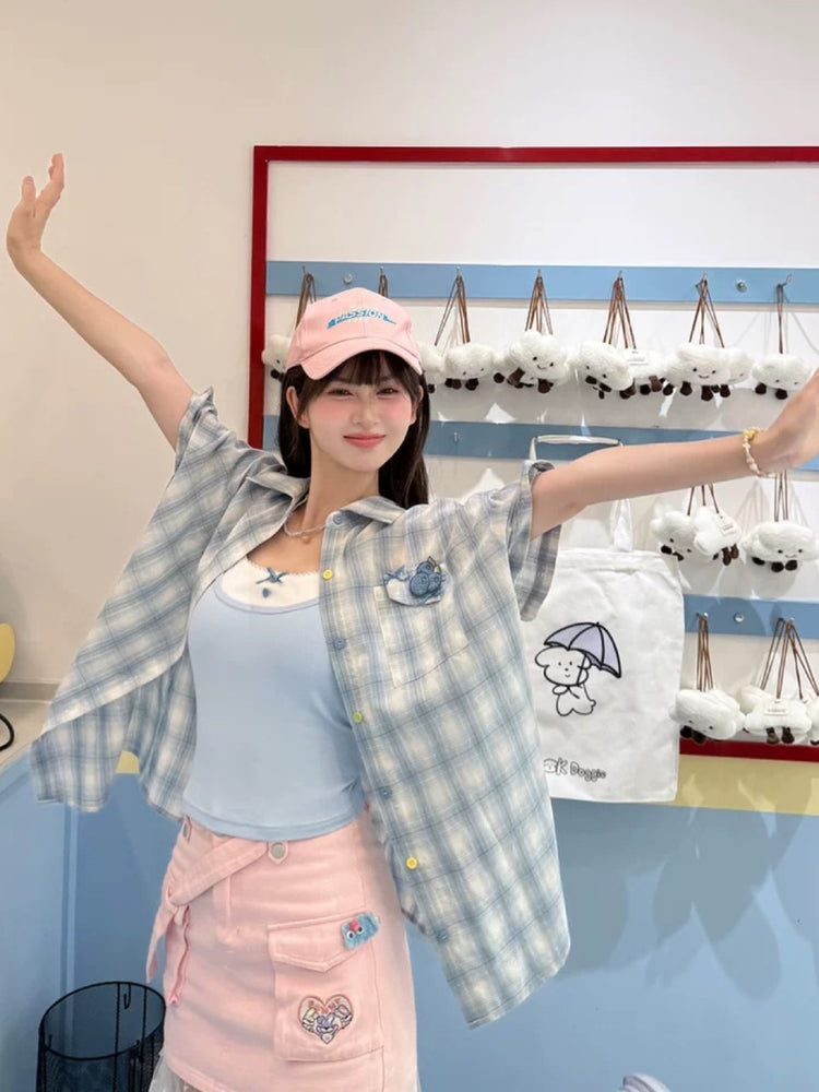 Blueberry Plaid Shirt Jacket-Tops-ntbhshop