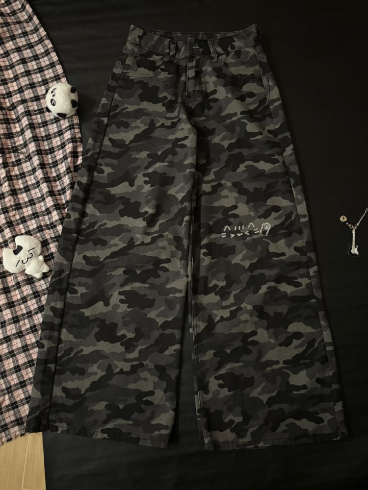 Emoji Cat Camouflage Wide Leg Jeans-ntbhshop