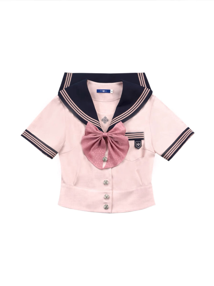 Sakura Petals Japanese Sailor Collar Short-sleeved JK Uniform Blouse-ntbhshop