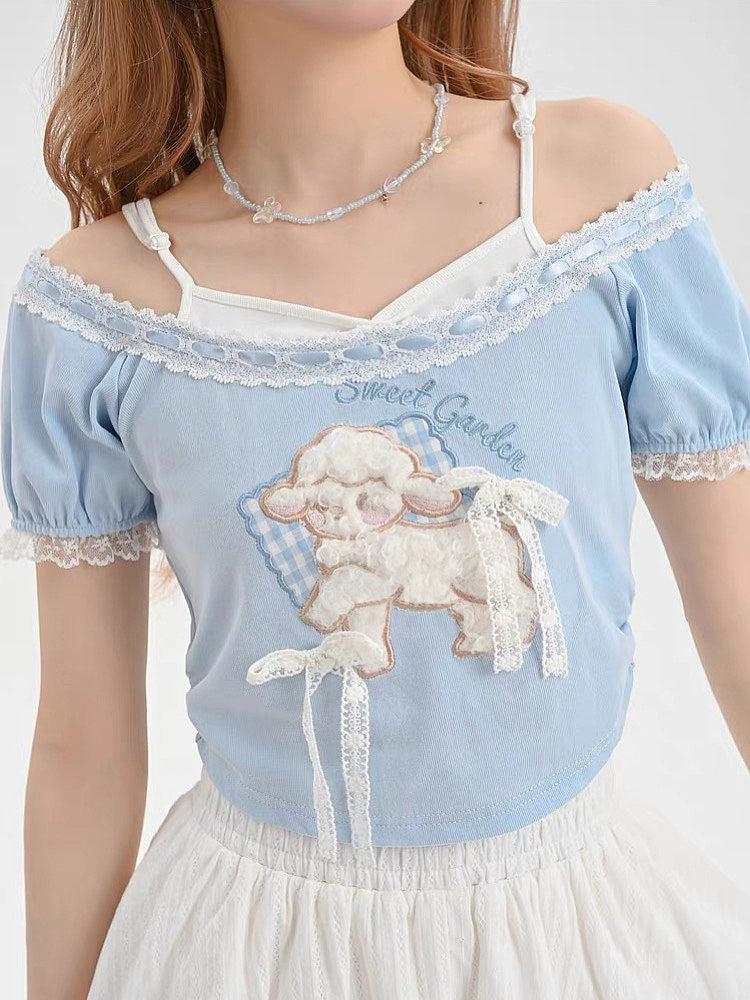 Lamb Love Cute Patch Short Sleeve Tee & Off Shoulder Top-ntbhshop