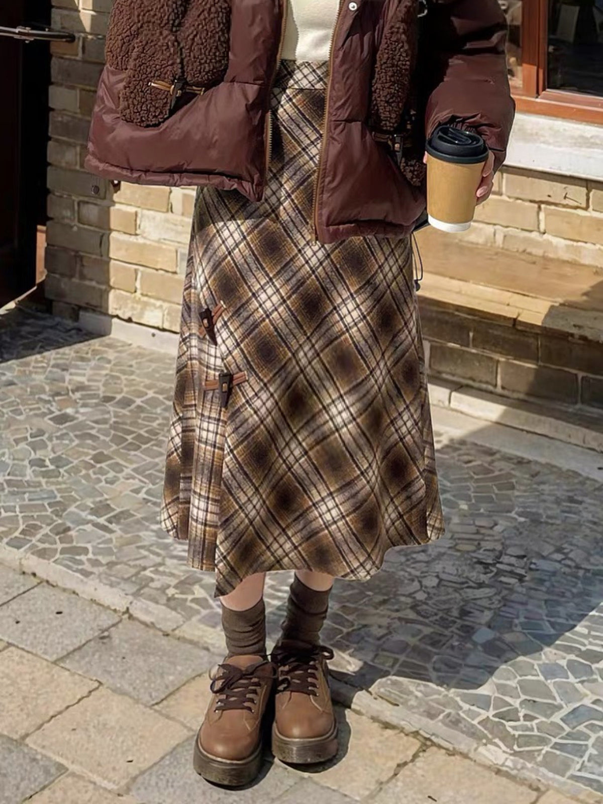 Teddy Plaid Midi Skirt-Bottoms-ntbhshop