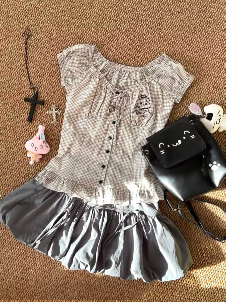 Angel Cat Plaid Slim Fit Blouse-ntbhshop