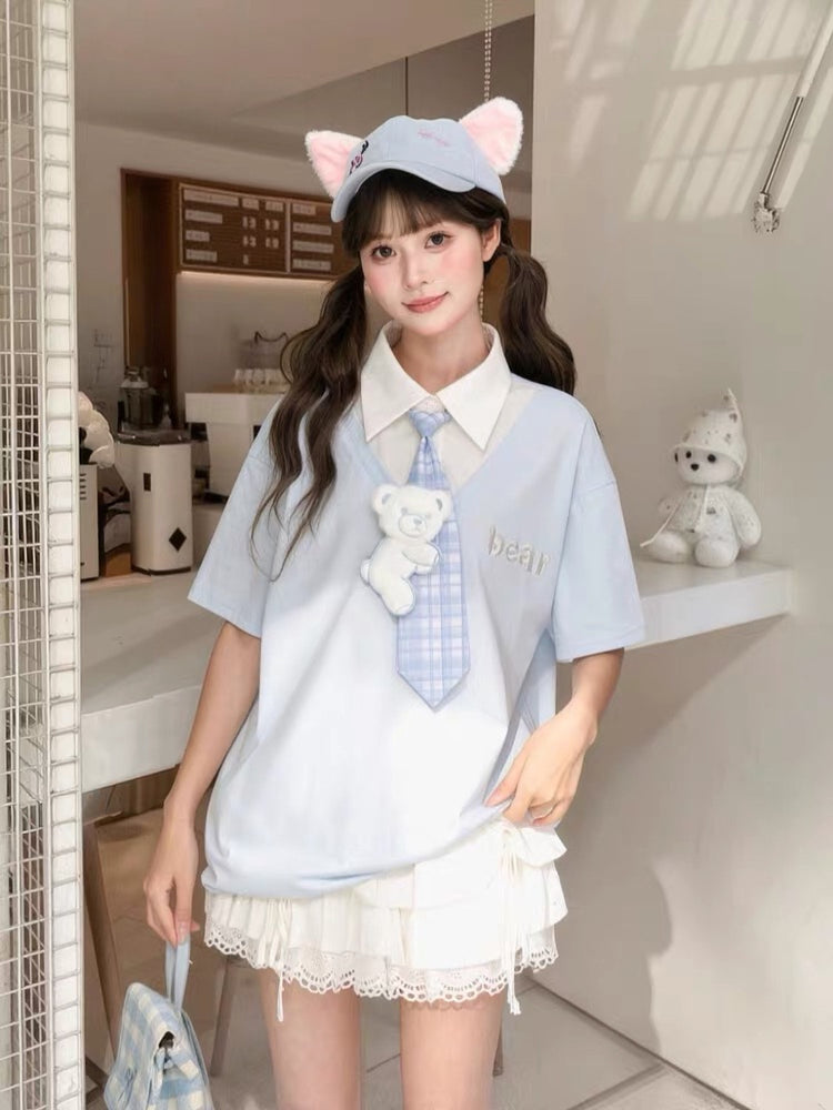 Blueberry Bear Tie Polo-Tops-ntbhshop