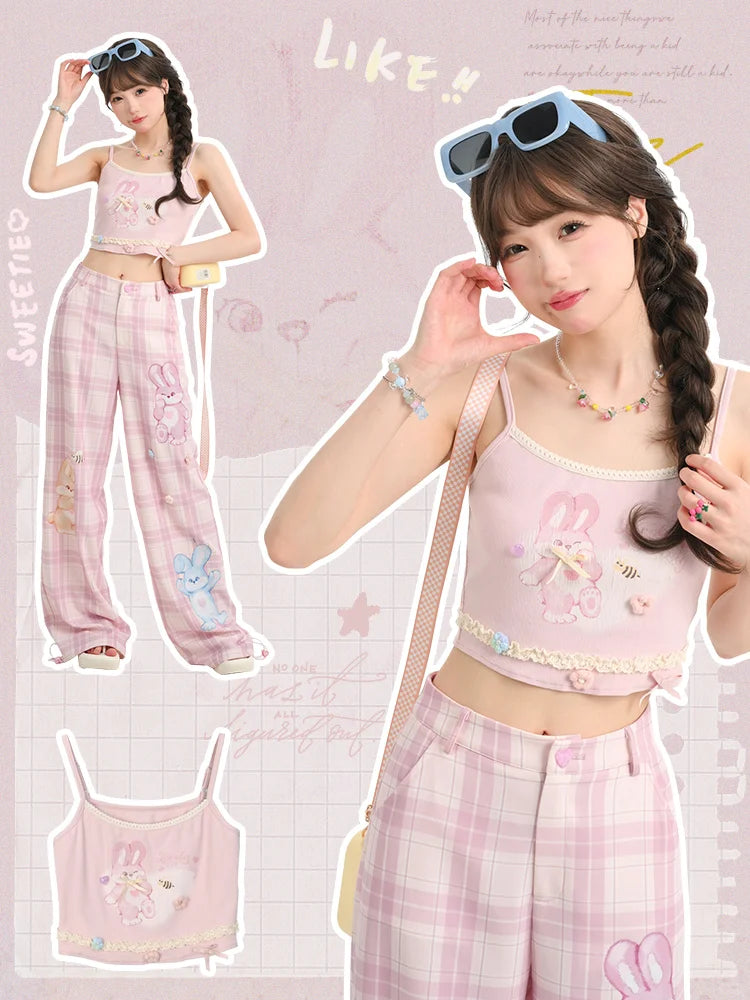 Lovely Bunny Sweet Pink Plaid Wide Leg Straight Pants-ntbhshop