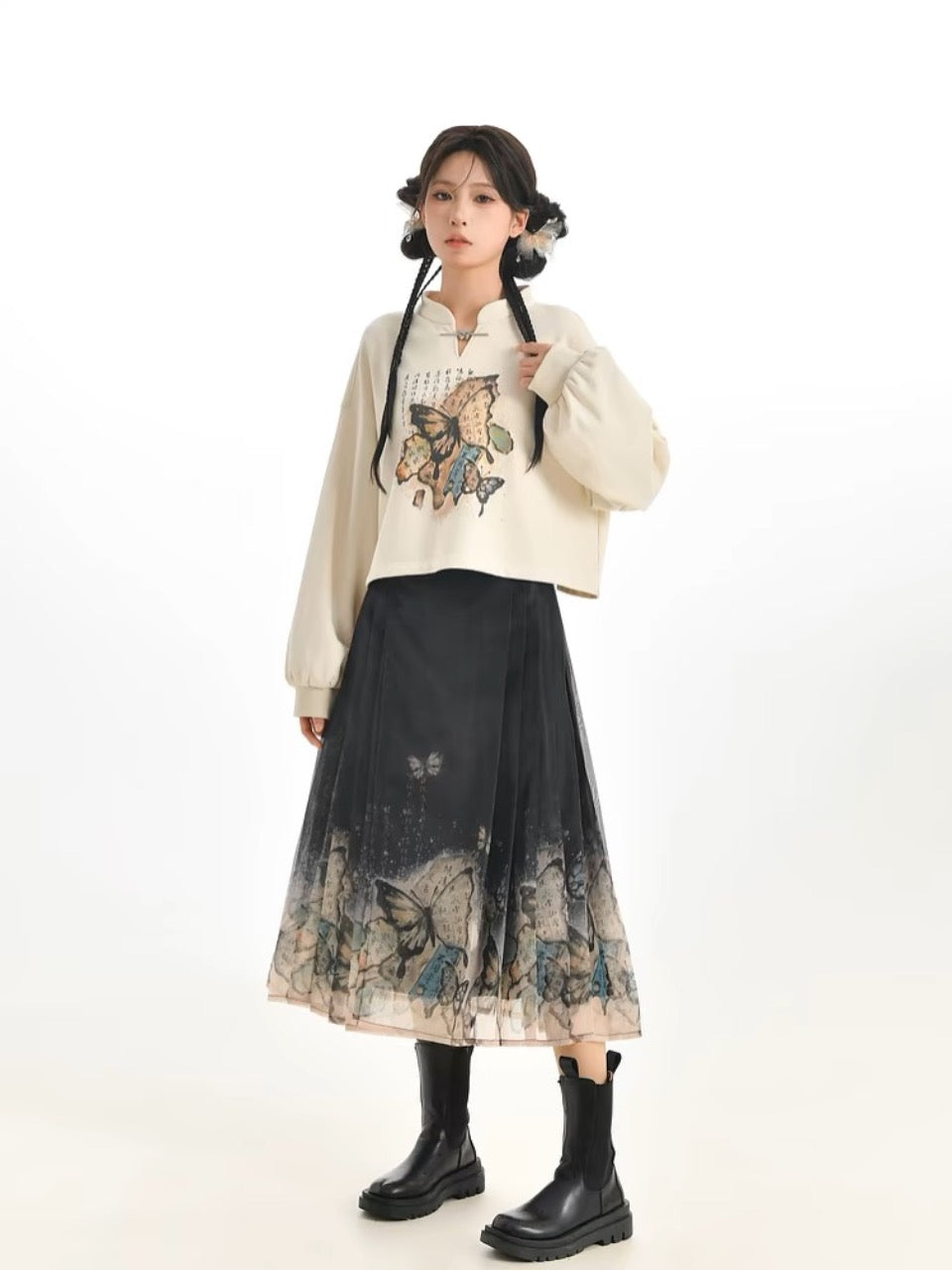 The Pile of Brocade Ash Chinese Butterfly Crop Pullover Sweatshirt-ntbhshop