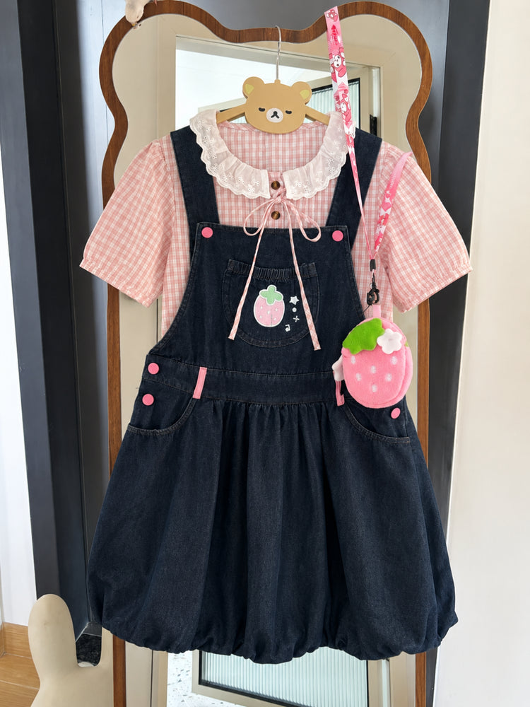 Strawberry Diary Blouse & Denim Bubble Dress-Sets-ntbhshop