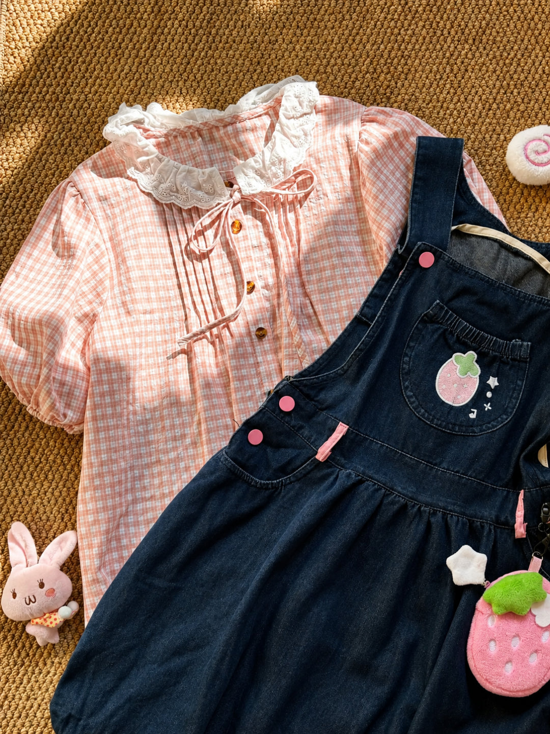 Strawberry Diary Blouse & Denim Bubble Dress-Sets-ntbhshop