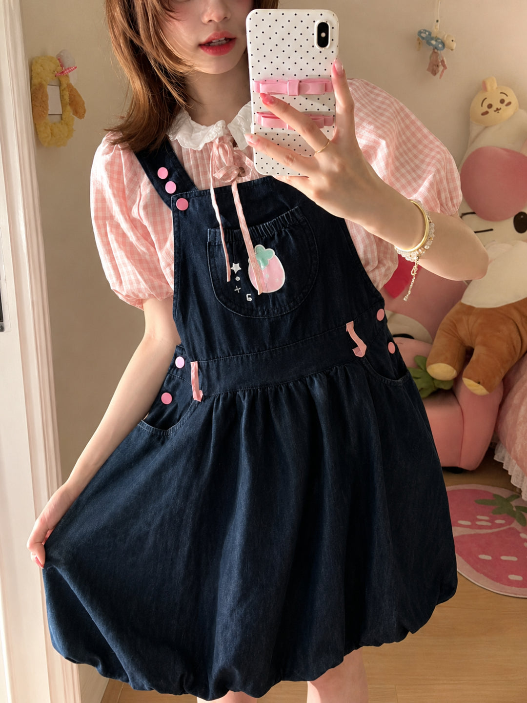 Strawberry Diary Blouse & Denim Bubble Dress-Sets-ntbhshop