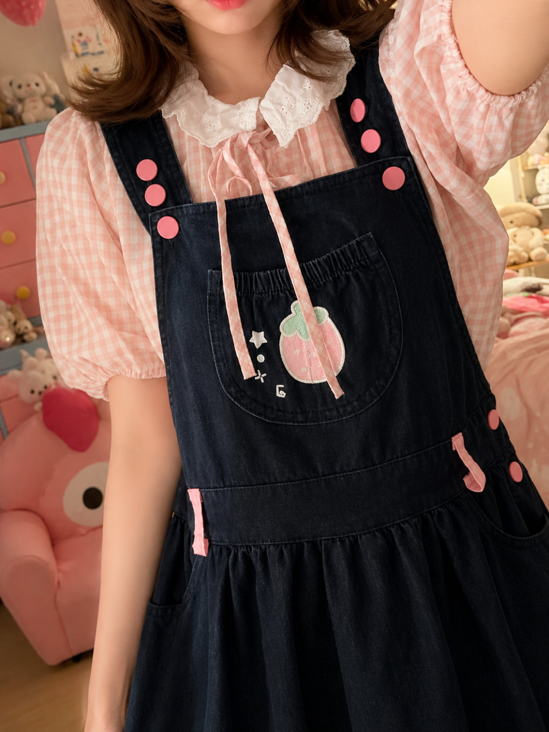 Strawberry Diary Blouse & Denim Bubble Dress-Sets-ntbhshop