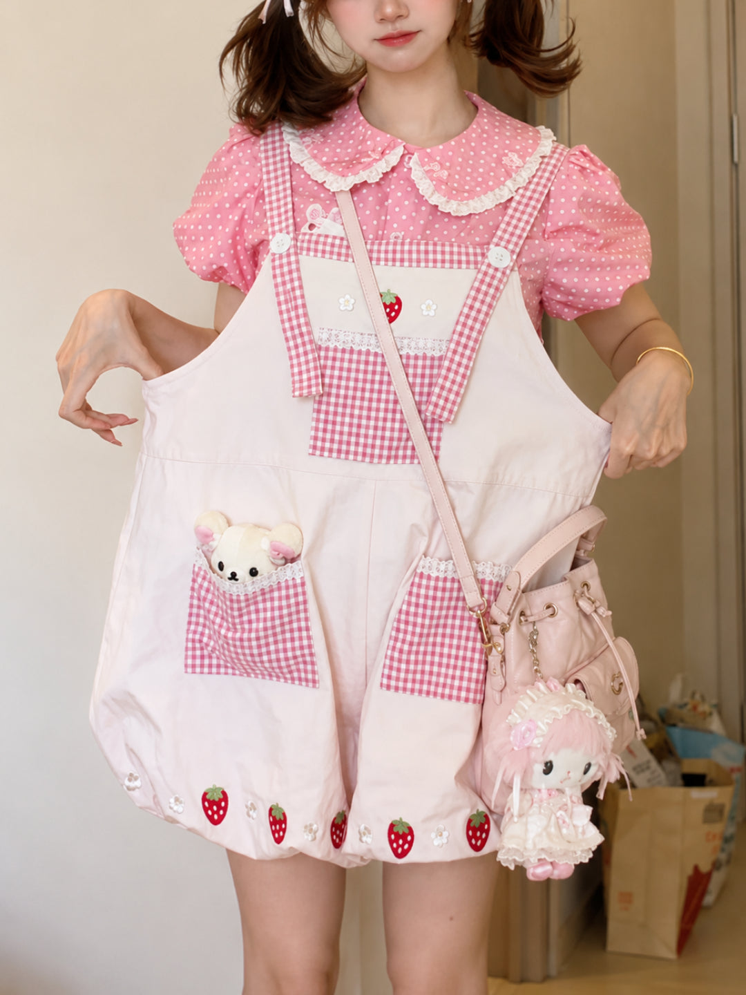 Strawberry Diary Bubble Overall Shorts-Tops-ntbhshop