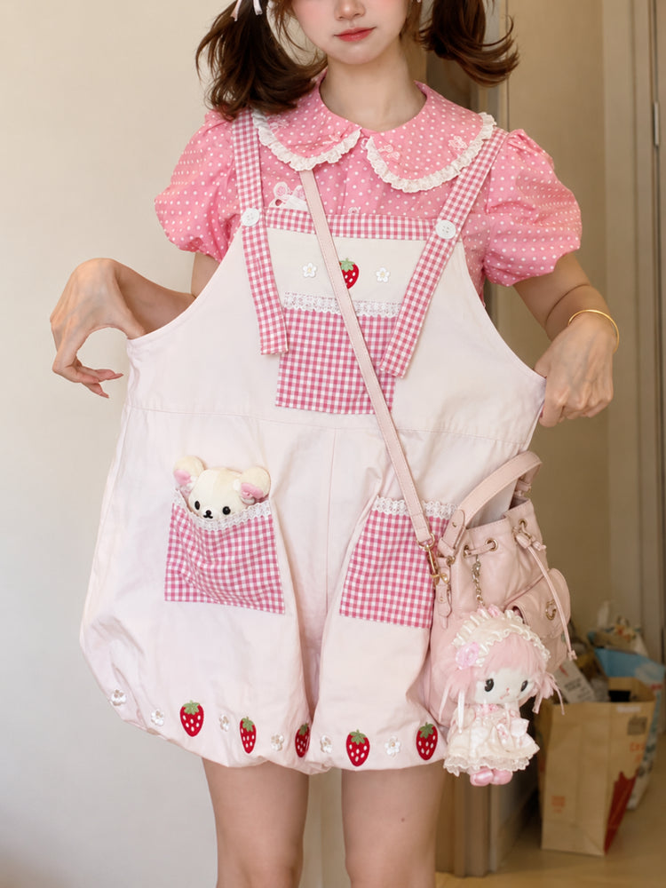 Strawberry Diary Bubble Overall Shorts-Tops-ntbhshop