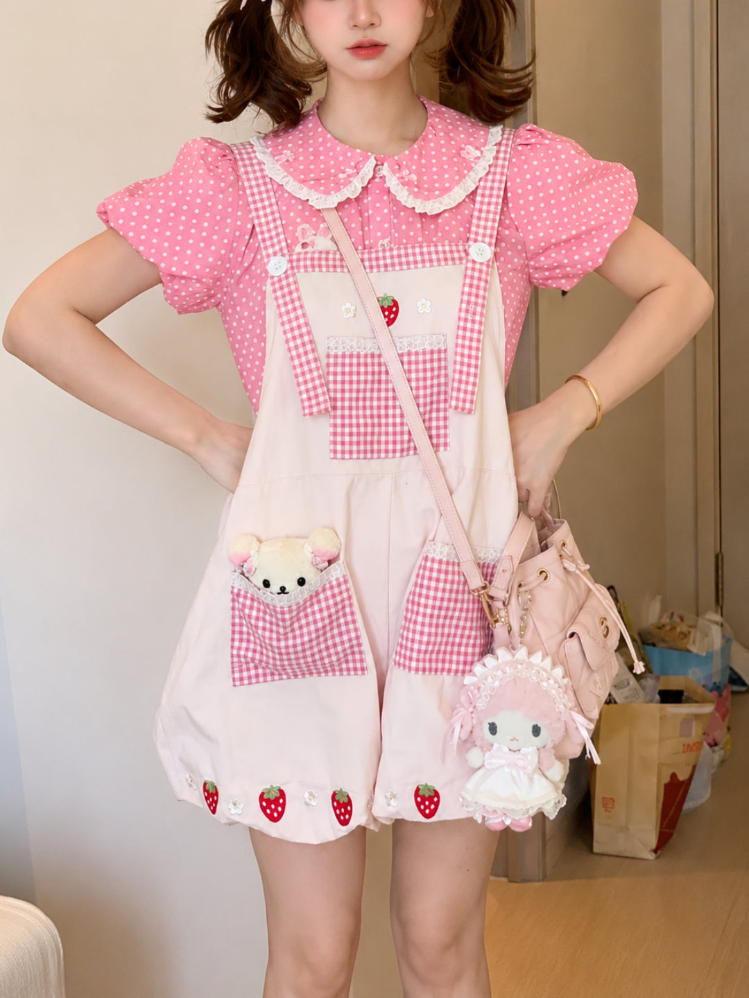 Strawberry Diary Bubble Overall Shorts-Tops-ntbhshop