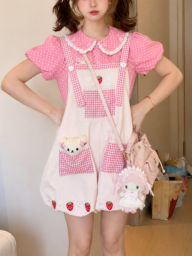 Strawberry Diary Bubble Overall Shorts-Tops-ntbhshop