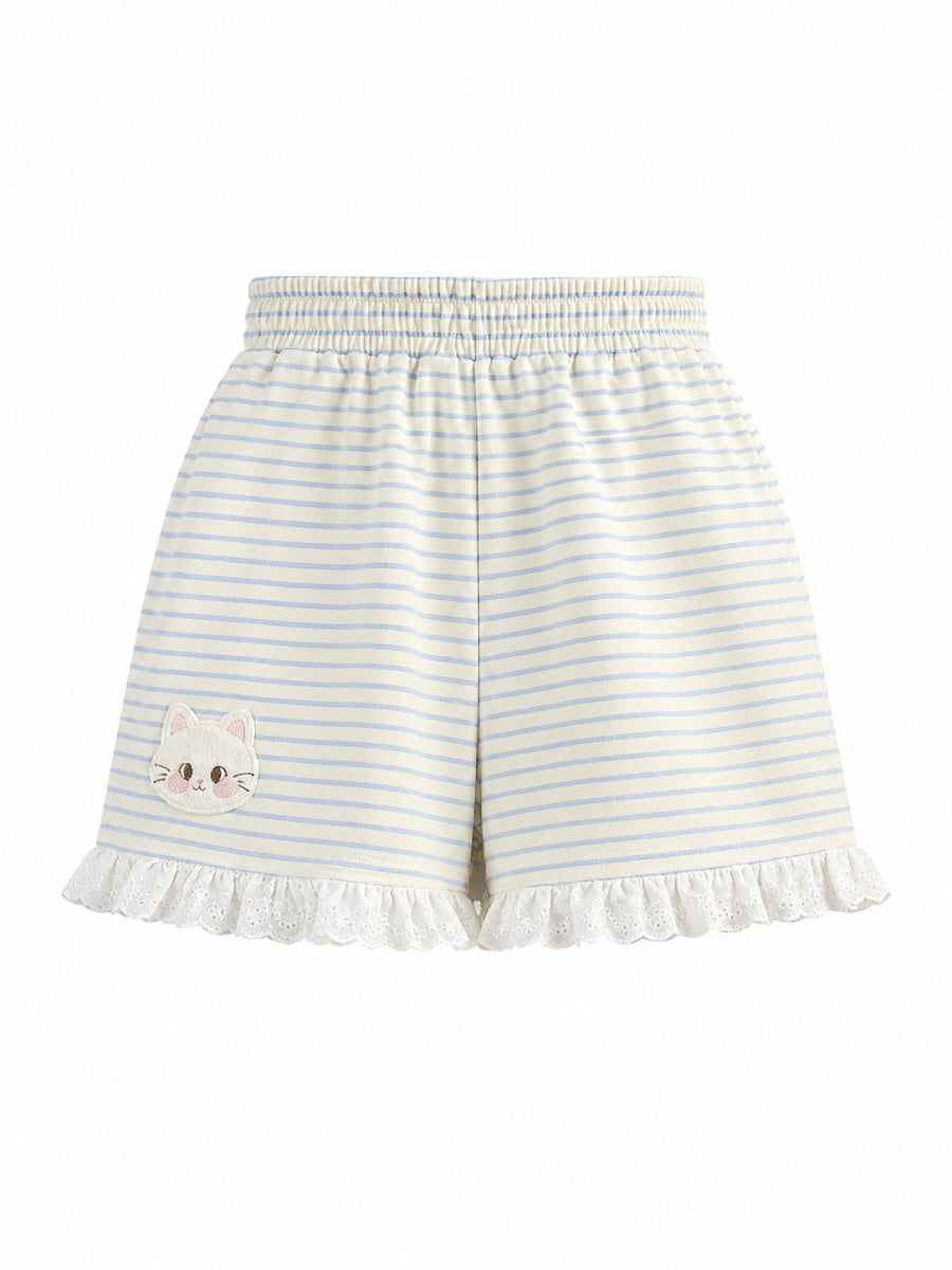 Kitty Stripe Lounge Shorts-Bottoms-ntbhshop