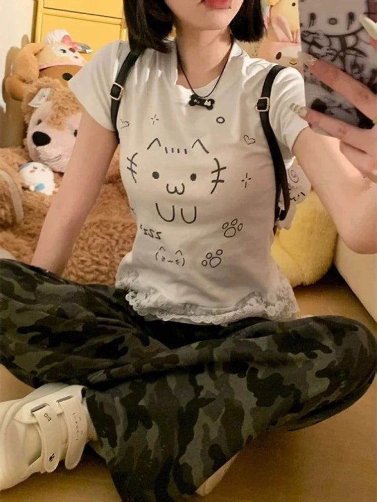Emoji Cat Lace Layer Tee-ntbhshop