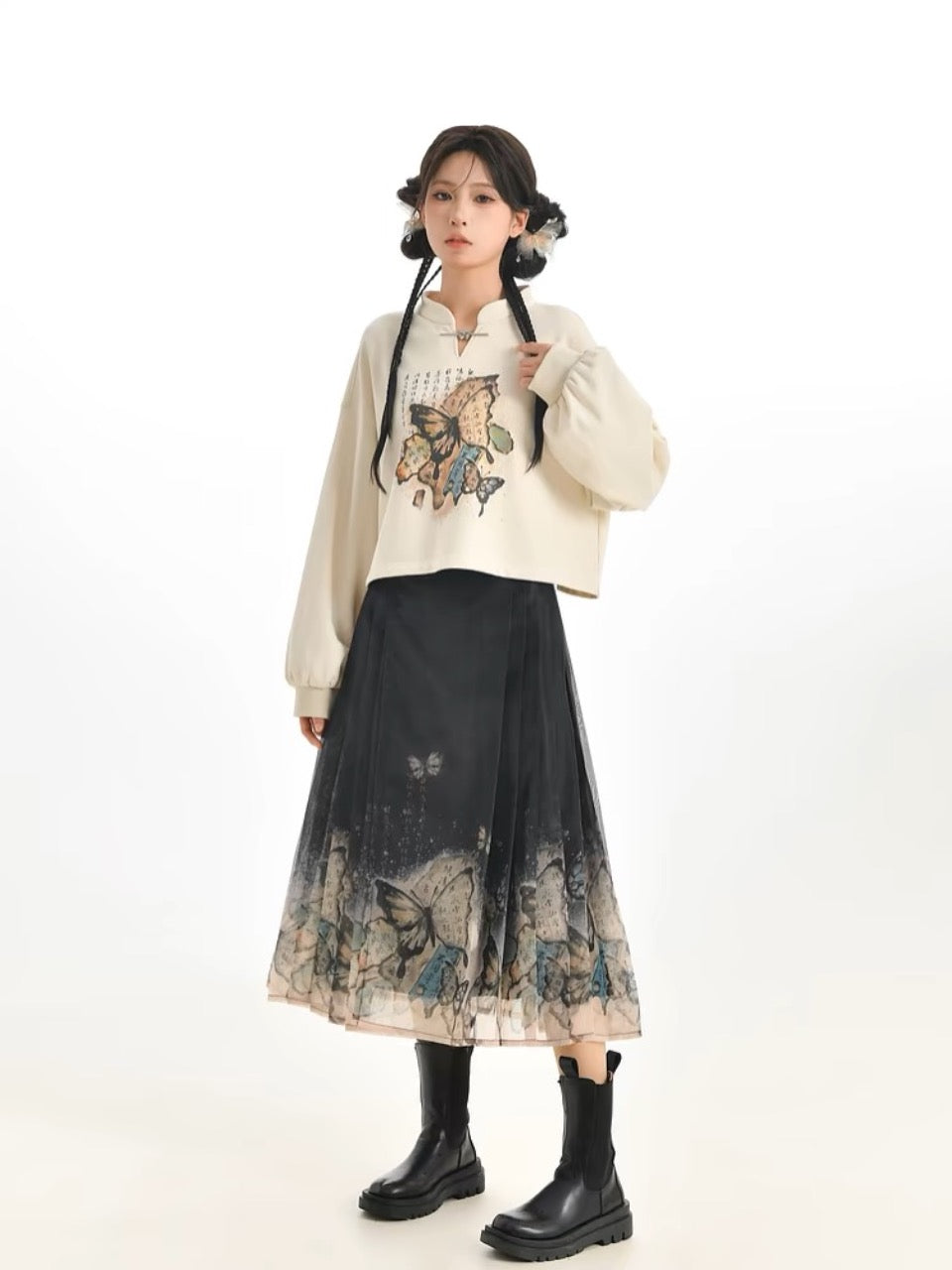 The Pile of Brocade Ash Chinese Butterfly Pleated Skirts-ntbhshop
