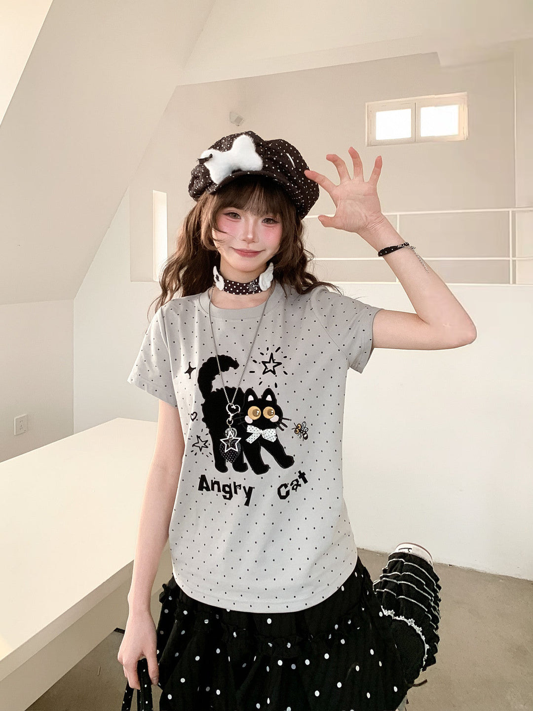 Angry Cat Polka Tee-Tops-ntbhshop