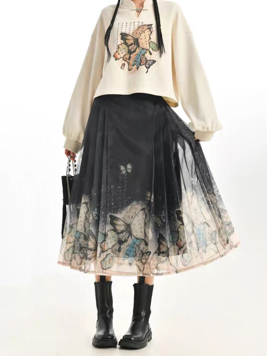 The Pile of Brocade Ash Chinese Butterfly Pleated Skirts-ntbhshop