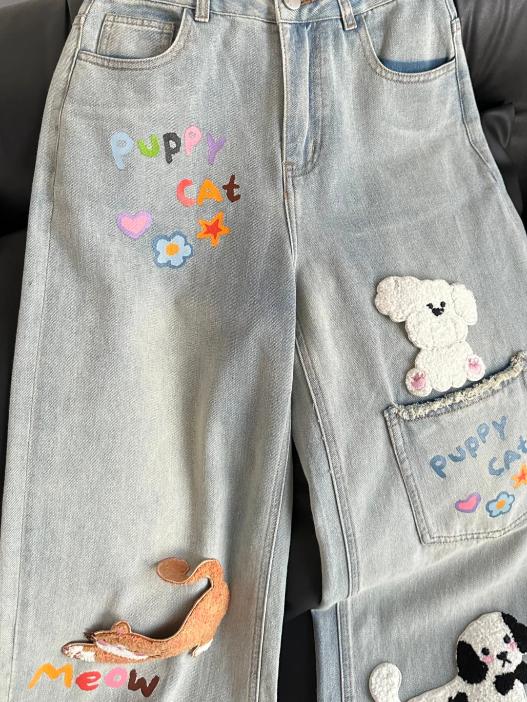 Puppy Cat Party Cute Patch Denim Wide-Leg Jeans-ntbhshop