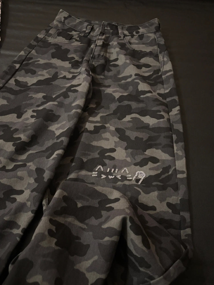Emoji Cat Camouflage Wide Leg Jeans-ntbhshop