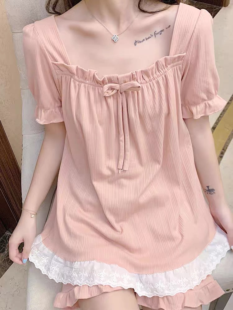 Sweet Princess Style Summer Cotton Loungewear Set-ntbhshop