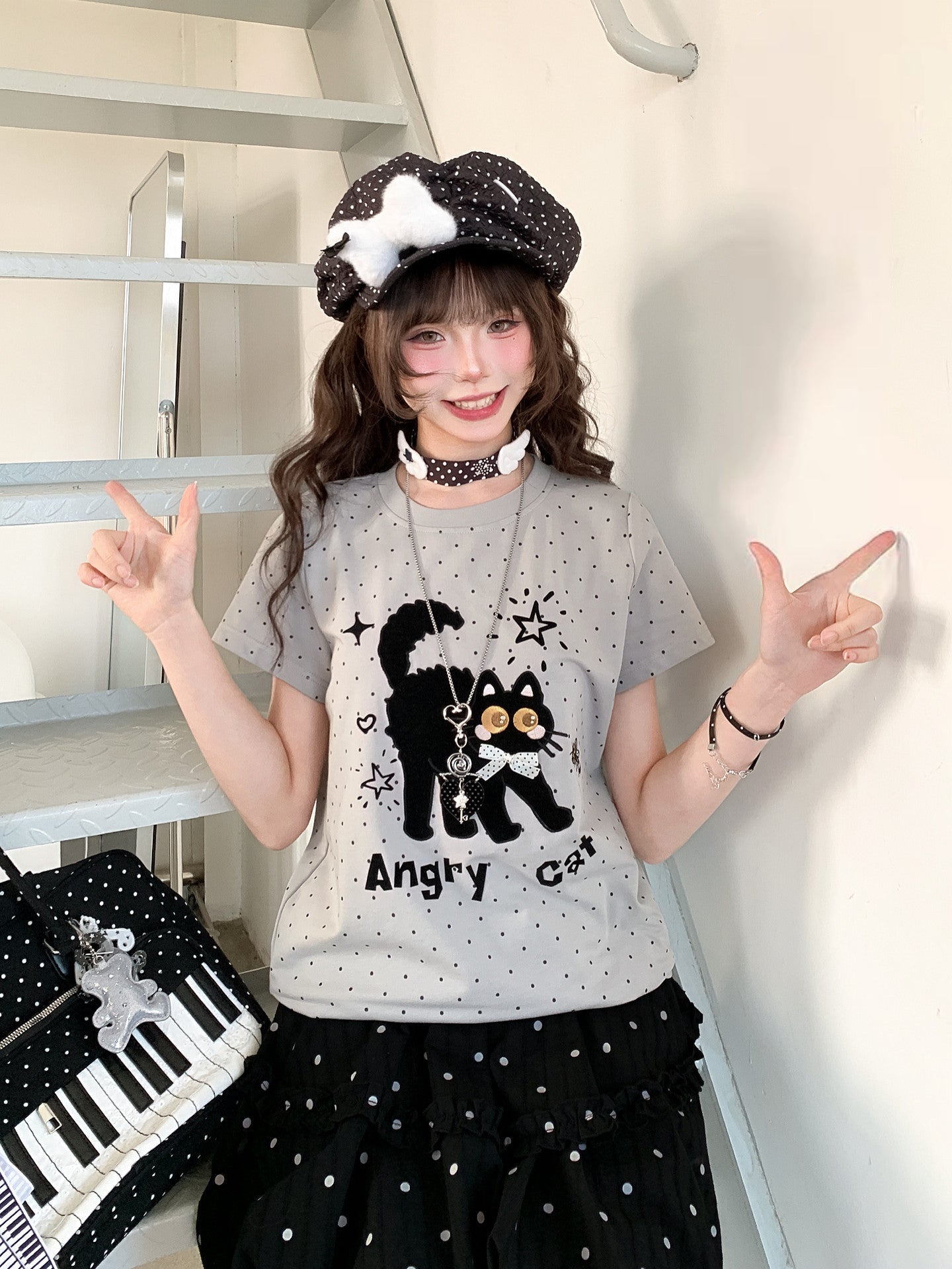 Angry Cat Polka Tee-Tops-ntbhshop