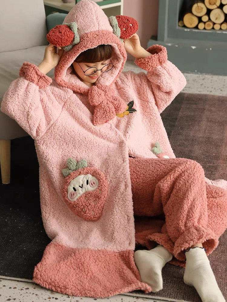 Strawberry Swirl Cozy Winter Fleece Sleepwear Nightgown Set-ntbhshop