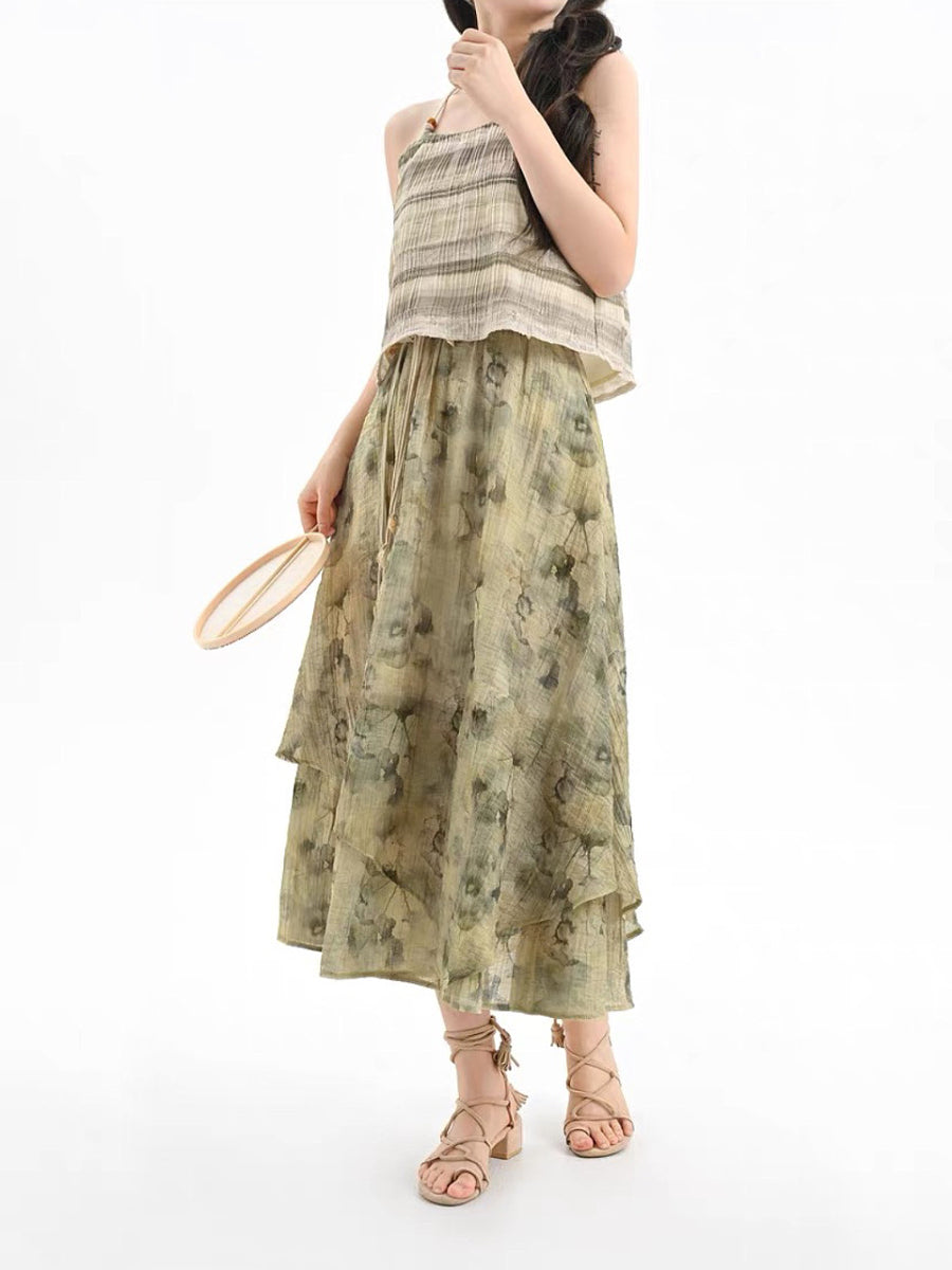 Dali Dream Ethnic Dye Midi Skirt with Belt-ntbhshop