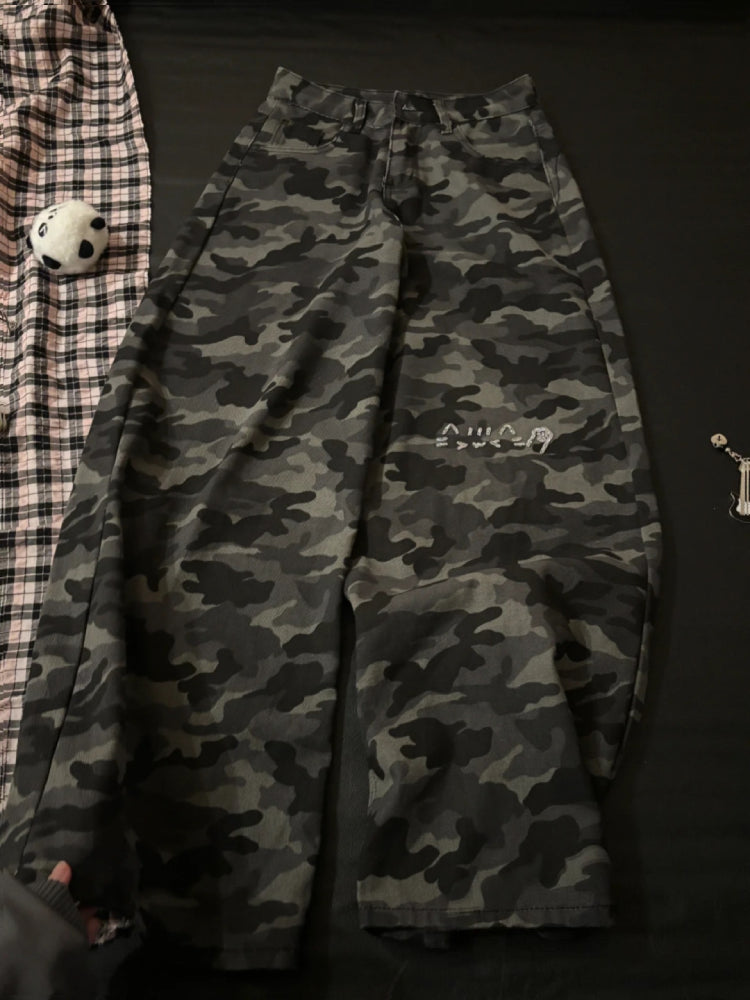 Emoji Cat Camouflage Wide Leg Jeans-ntbhshop