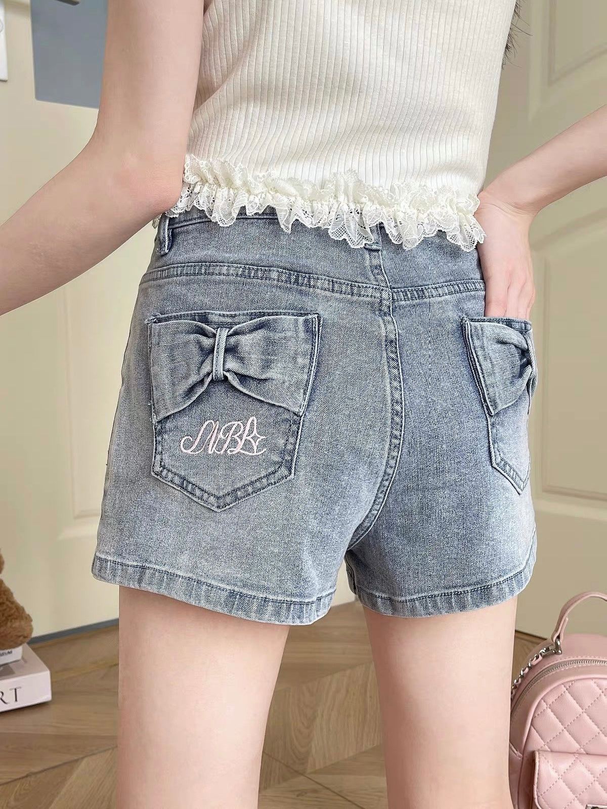Ribbon Bow Denim Shorts-Bottoms-ntbhshop