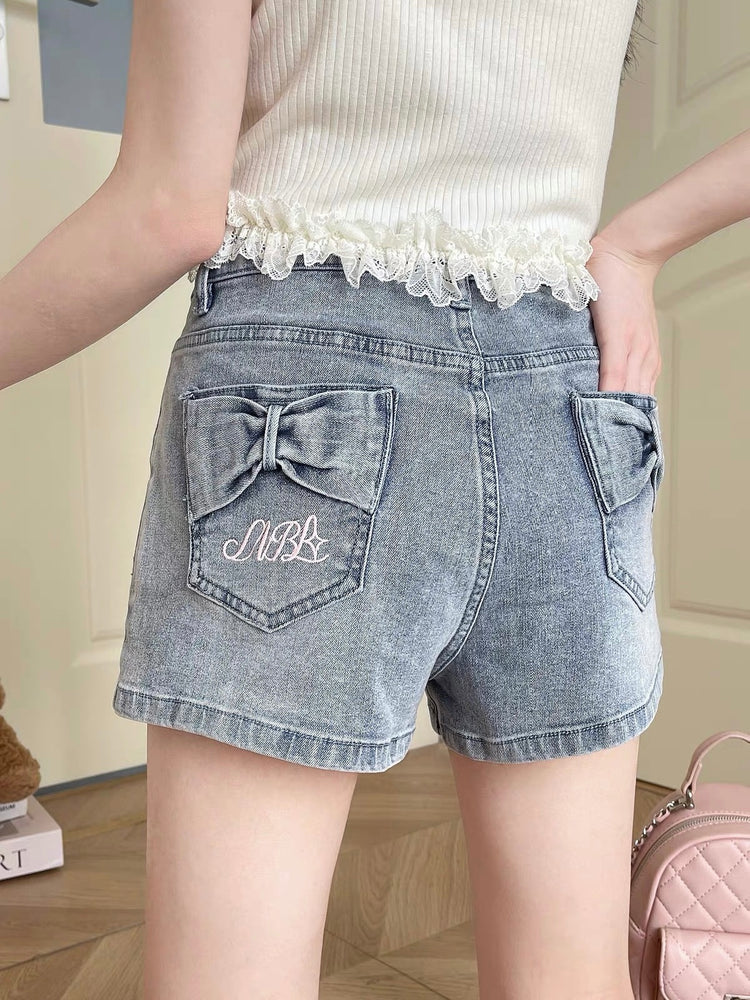 Ribbon Bow Denim Shorts-Bottoms-ntbhshop