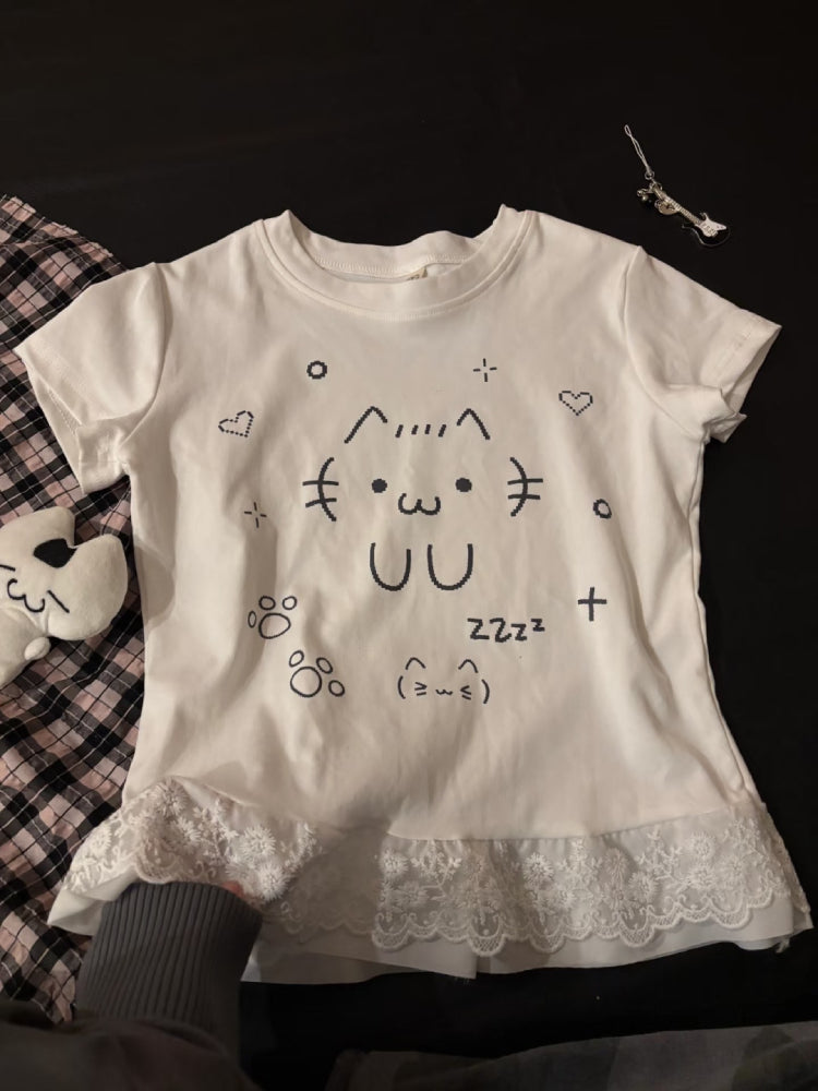 Emoji Cat Lace Layer Tee-ntbhshop