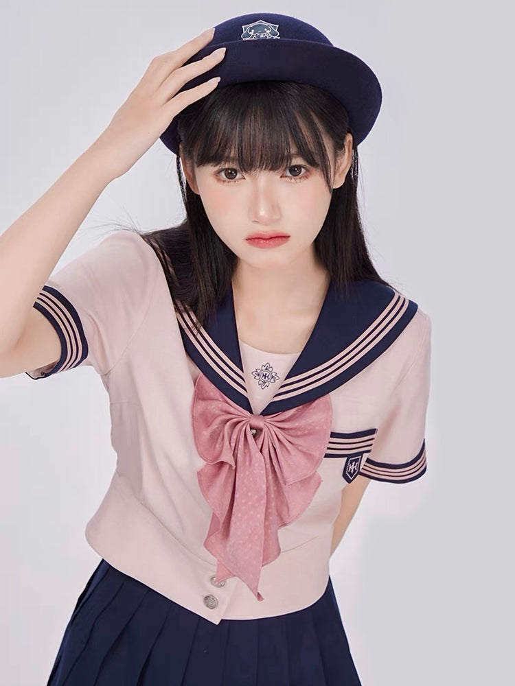 Sakura Petals Japanese Sailor Collar Short-sleeved JK Uniform Blouse-ntbhshop