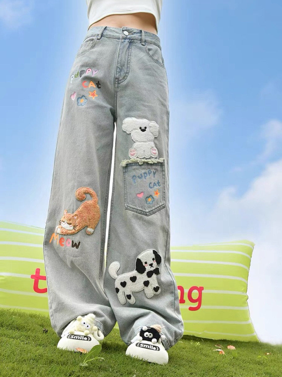 Puppy Cat Party Cute Patch Denim Wide-Leg Jeans-ntbhshop